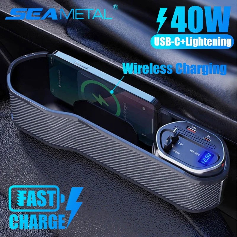 40W Wireless Charging Car Seat Gap Organizer – Fast Charge USB-C/Lightning – Auto Center Console Storage Box with 5 Pockets